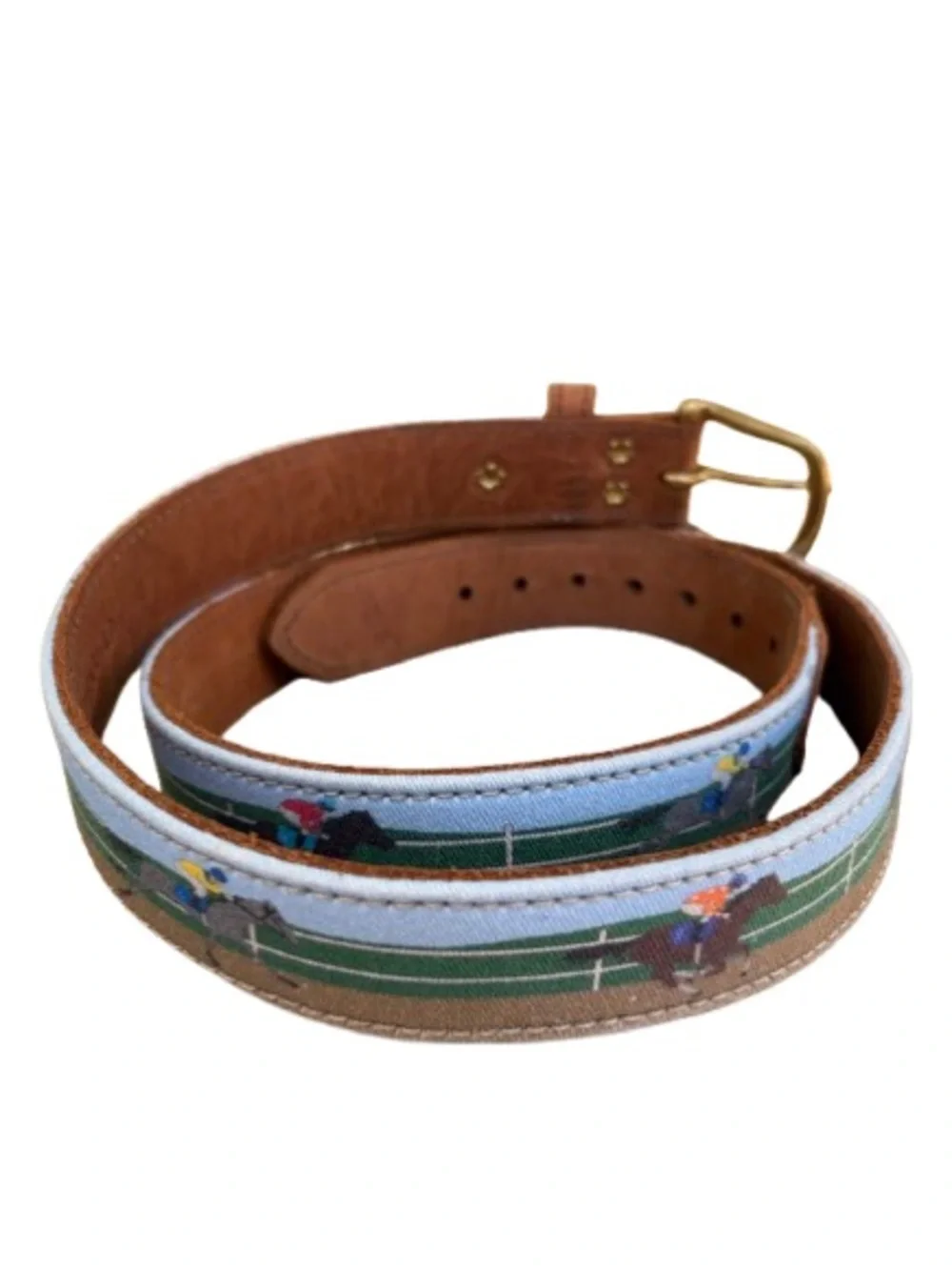 Clayton & Crume Men's Brown Leather Racing Print Belt Size 40 Derby Horses EUC